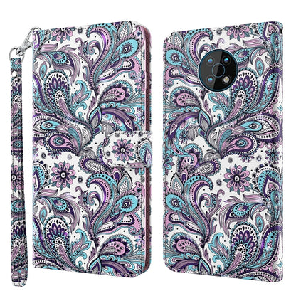 Flip leather phone case with wrist strap, paisley bird pattern, dual camera cutout