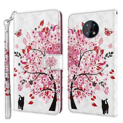 Flip leather phone case with wrist strap, red cherry blossom tree with cat silhouettes