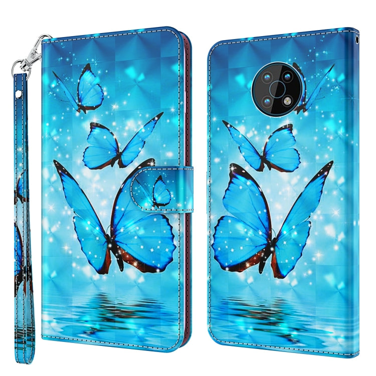 Flip leather phone case with wrist strap, blue butterfly fantasy pattern, dual camera cutout