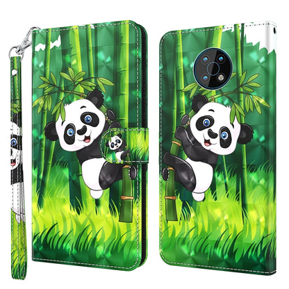 Flip leather phone case with wrist strap, green bamboo panda design, dual camera cutout