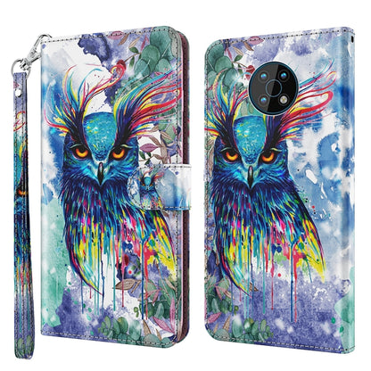 Flip leather phone case with wrist strap, watercolor blue owl art, dual camera cutout
