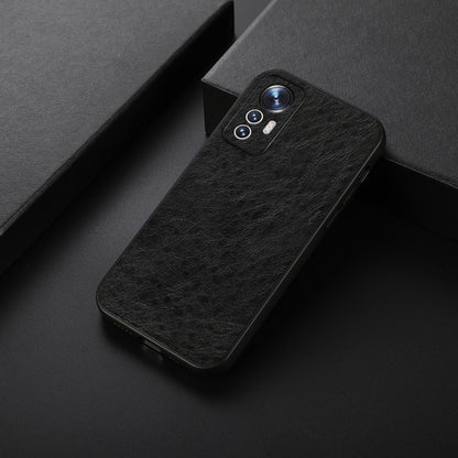 Black crazy-horse PU phone case, angled view, with camera cutout and side openings