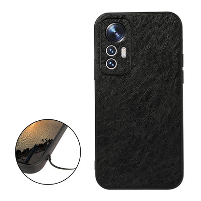 Black crazy-horse PU phone case with camera cutout; inset shows textured finish