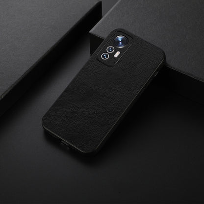Black litchi-texture PU phone case with camera cutout, angled view