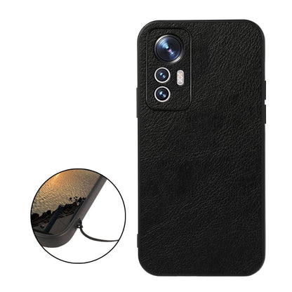 Black litchi-texture PU phone case with camera cutout and raised lip