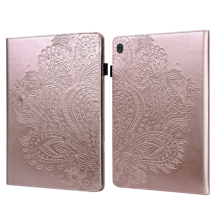 Rose gold peacock-embossed leather tablet case with folding cover and magnetic clasp