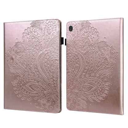 Rose gold peacock-embossed leather tablet case with folding cover and magnetic clasp