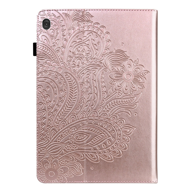 Rose gold peacock-embossed leather tablet case front with camera cutout and textured design