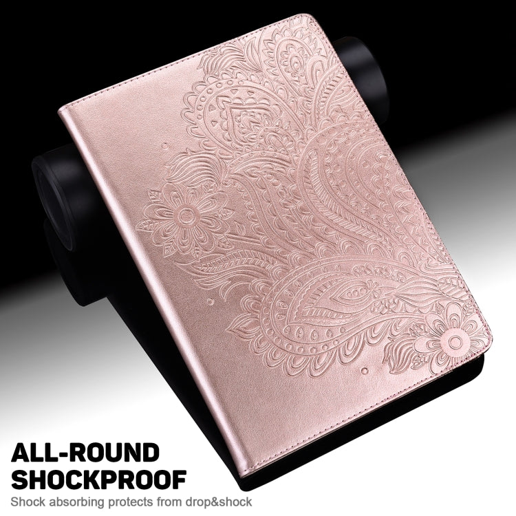 Rose gold peacock-embossed leather tablet case, angled stand view with textured cover
