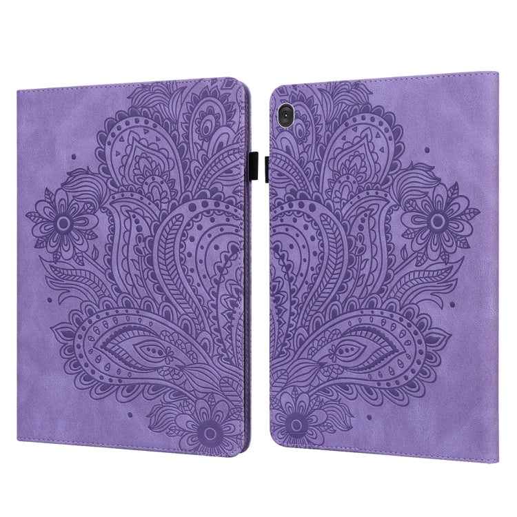 Purple peacock-embossed leather tablet case with folding cover and magnetic clasp