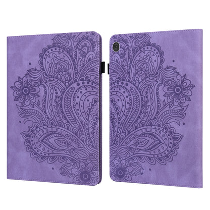 Purple peacock-embossed leather tablet case with folding cover and magnetic clasp