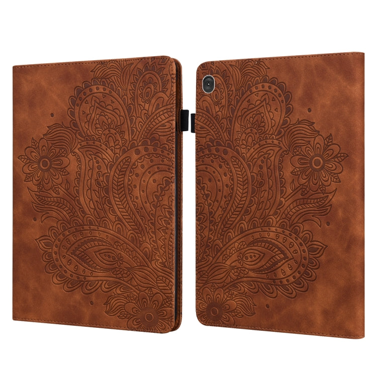 Brown peacock-embossed leather tablet case with folding cover and magnetic clasp