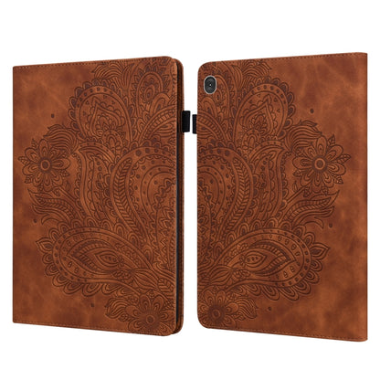Brown peacock-embossed leather tablet case with folding cover and magnetic clasp