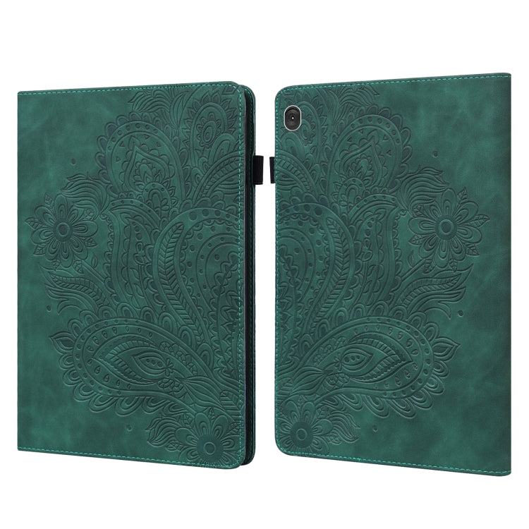Green embossed leather tablet case with peacock pattern, open view