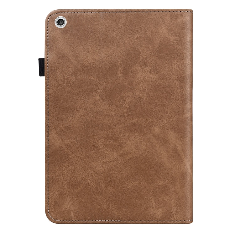 Brown embossed leather tablet folio case with camera cutout and stitched edges