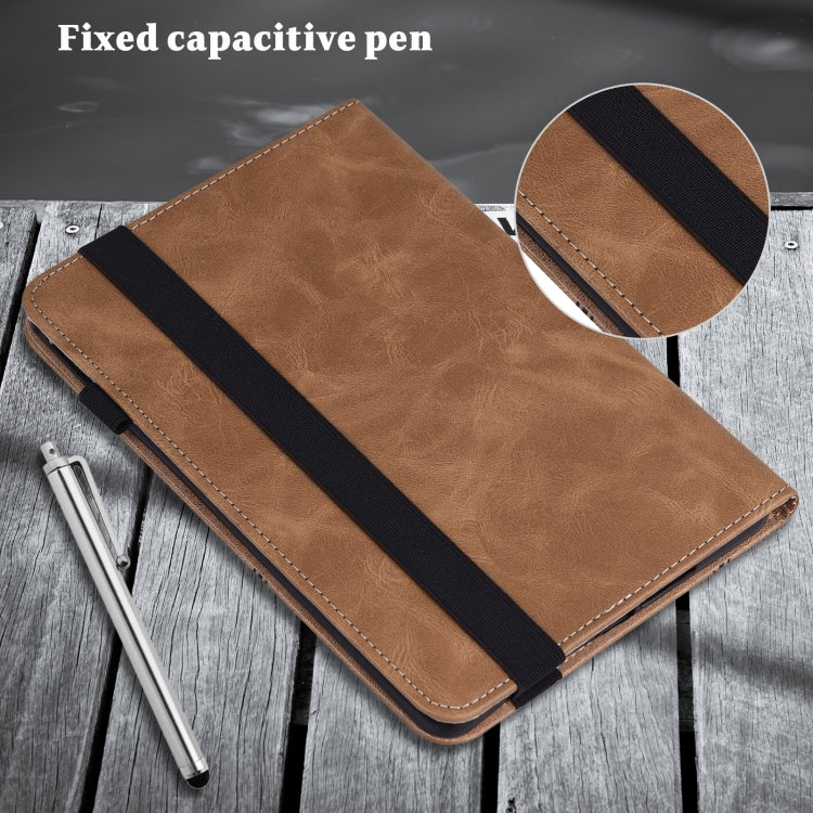 Brown folio tablet case with black elastic pen strap and stitched trim