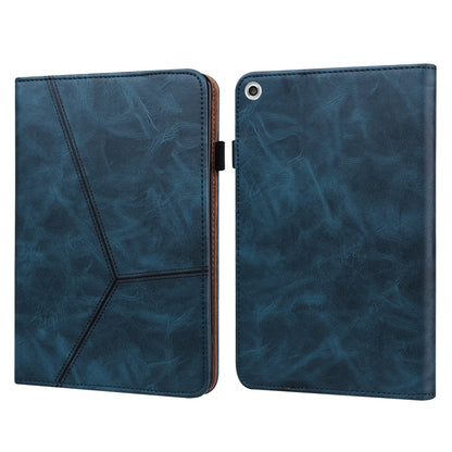 Blue embossed leather tablet folio case with stitched geometric stripe and split cover