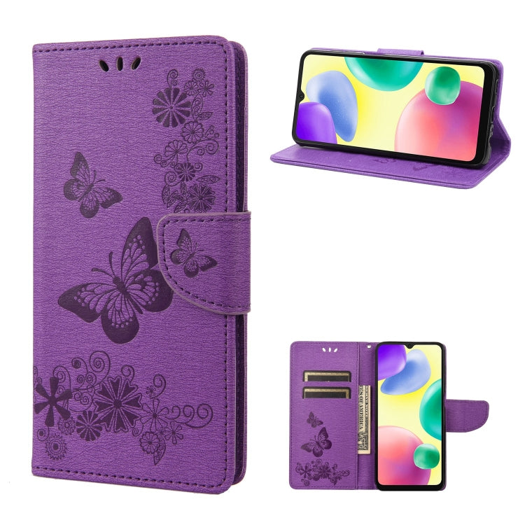 Purple butterfly embossed leather phone case with folio cover and card slots; stand view.