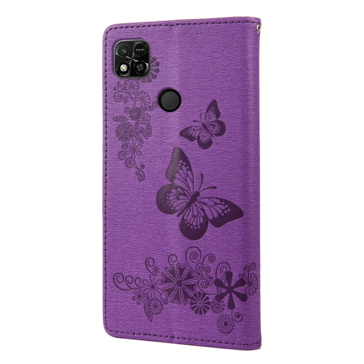 Purple butterfly embossed leather phone case with camera and speaker cutouts.