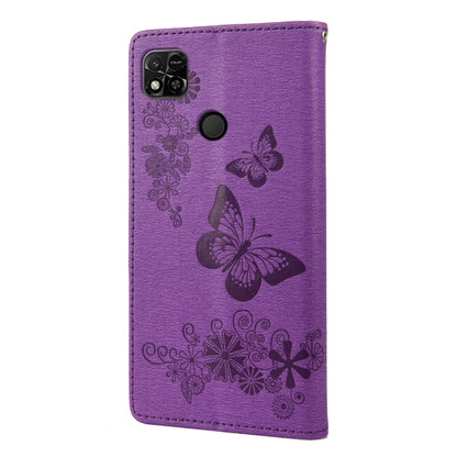 Purple butterfly embossed leather phone case with camera and speaker cutouts.