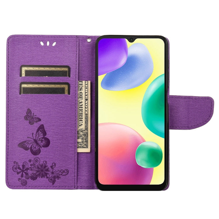 Purple leather folio phone case with embossed butterflies, card slots, and kickstand.