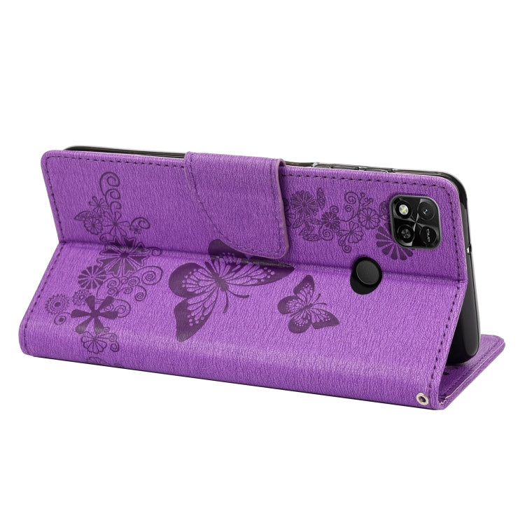 Purple butterfly embossed leather folio phone case with side cover and phone cutouts.