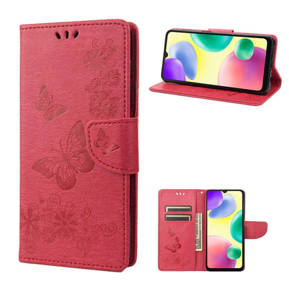 Red butterfly embossed leather phone case with folio cover, card slots, and stand.