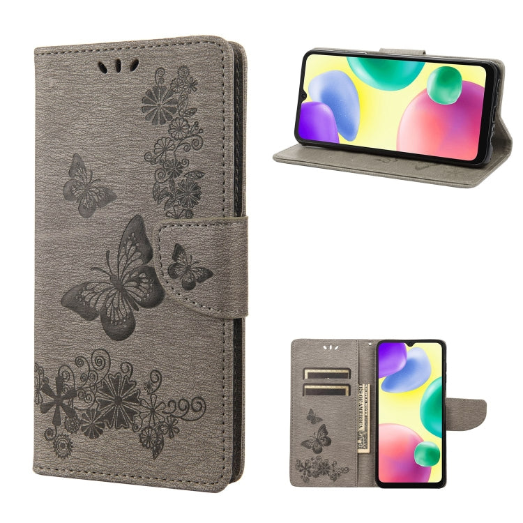 Grey butterfly-embossed leather phone case with magnetic flap and card slots
