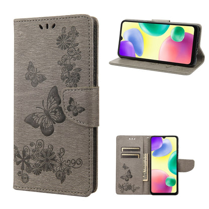 Grey butterfly-embossed leather phone case with magnetic flap and card slots