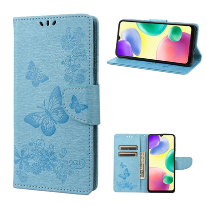 Blue butterfly-embossed leather phone wallet case with card slots and folio stand