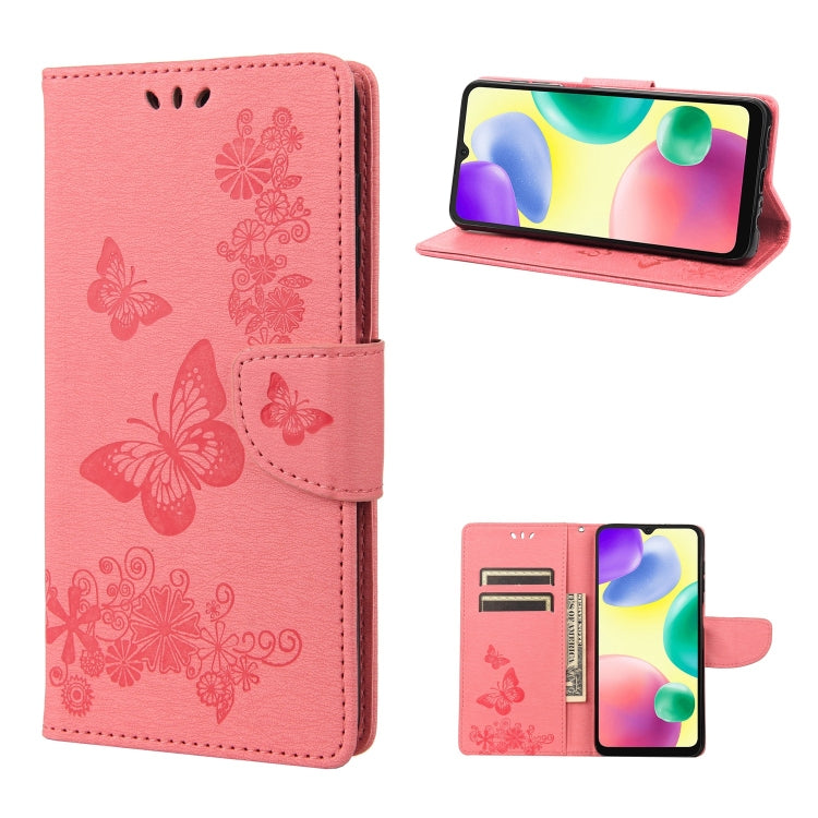 Pink butterfly-embossed leather phone wallet case with card slots and folio stand