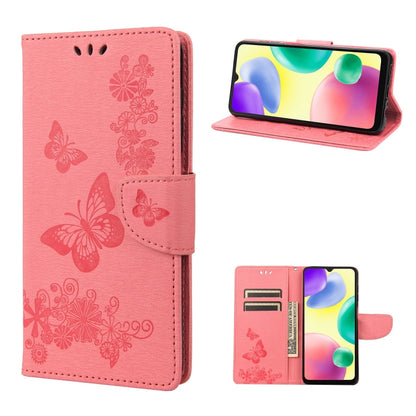 Pink butterfly-embossed leather phone wallet case with card slots and folio stand