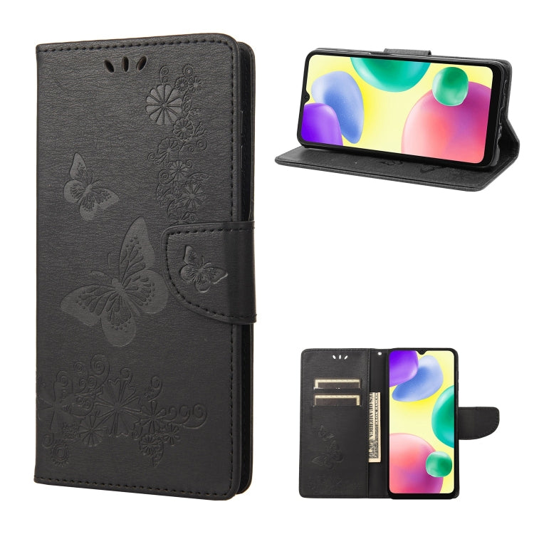 Black butterfly-embossed leather phone wallet case with card slots and folio stand