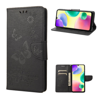Black butterfly-embossed leather phone wallet case with card slots and folio stand