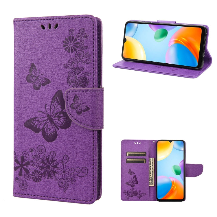 Purple butterfly embossed leather phone case with folio cover; front and wallet views.