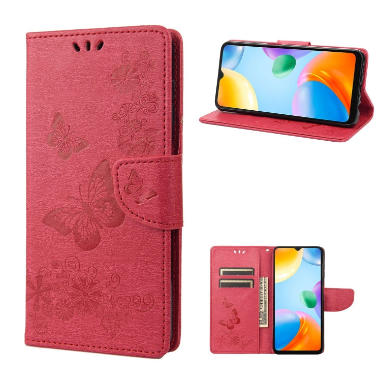Red butterfly-embossed leather phone case with magnetic flap and card slots