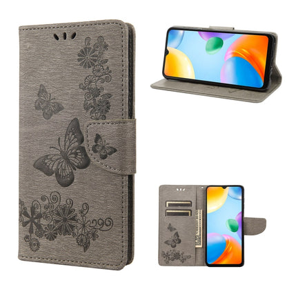 Grey butterfly-embossed leather folio phone case with stand-up viewing cover