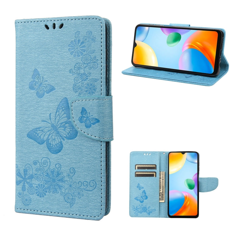 Blue butterfly-embossed leather phone wallet case, folio stand view with card slots