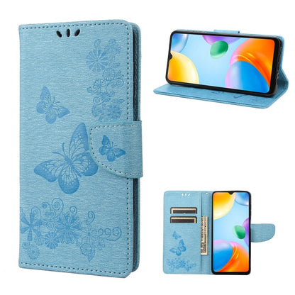 Blue butterfly-embossed leather phone wallet case, folio stand view with card slots