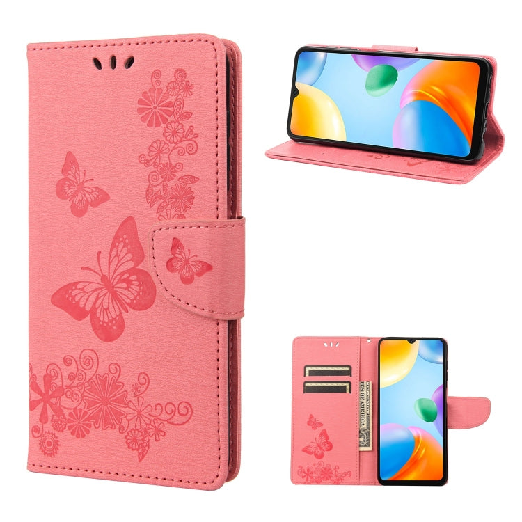 Pink butterfly-embossed leather phone wallet case, folio stand view with card slots