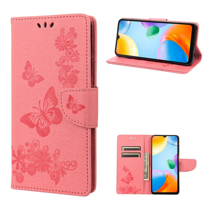 Pink butterfly-embossed leather phone wallet case, folio stand view with card slots