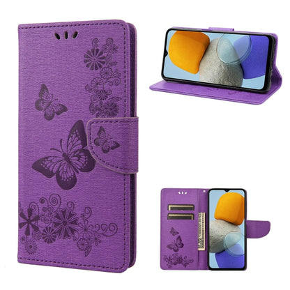 Purple folio phone case with embossed butterflies and card slots; phone fitted view.