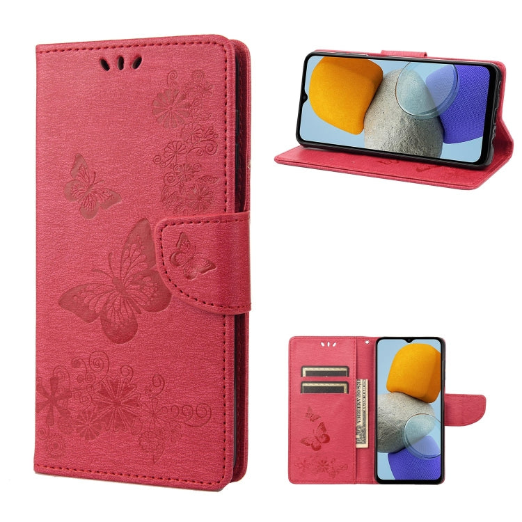 Red butterfly-embossed leather folio phone case with stand-up viewing cover