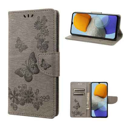 Grey butterfly-embossed leather wallet phone case with magnetic side flap