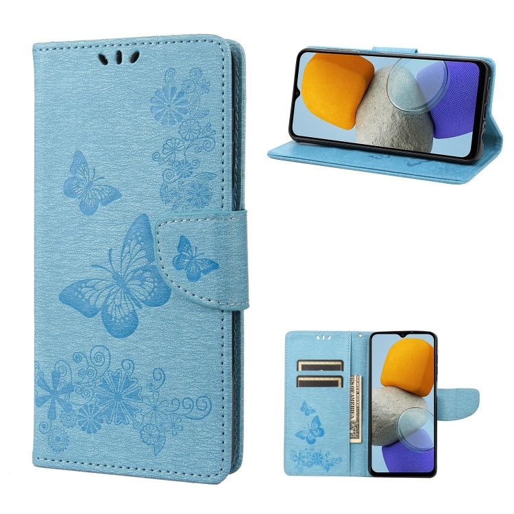Blue butterfly-embossed leather phone wallet case with card slots and fold-out stand