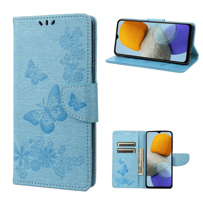 Blue butterfly-embossed leather phone wallet case with card slots and fold-out stand
