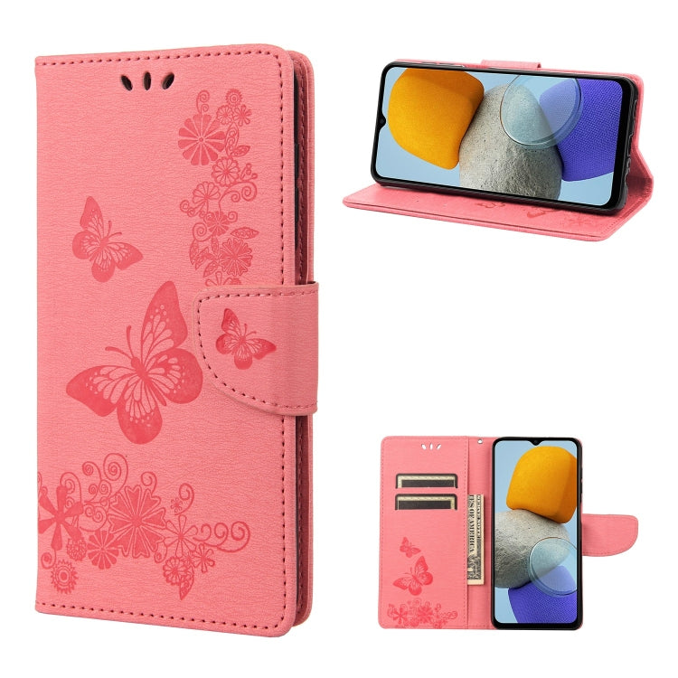 Pink butterfly-embossed leather phone wallet case with card slots and fold-out stand
