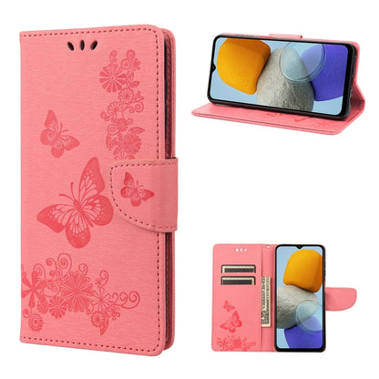 Pink butterfly-embossed leather phone wallet case with card slots and fold-out stand