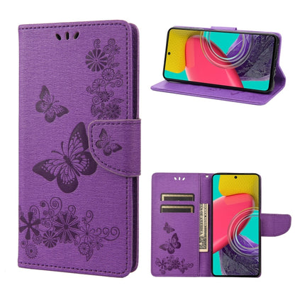 Purple butterfly embossed leather phone case with folio cover and card holder details.