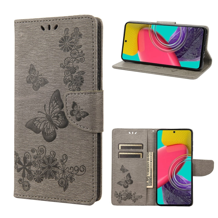 Grey butterfly-embossed leather phone case with card holder and side strap